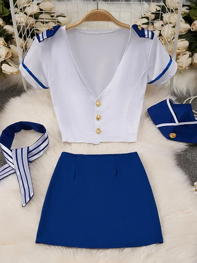 

V-Ncek Short Sleeve White T-Shirt For Women Elastic Waist A-Line Short Skirt Set Sexy Office Lady's Outfit Uniform New