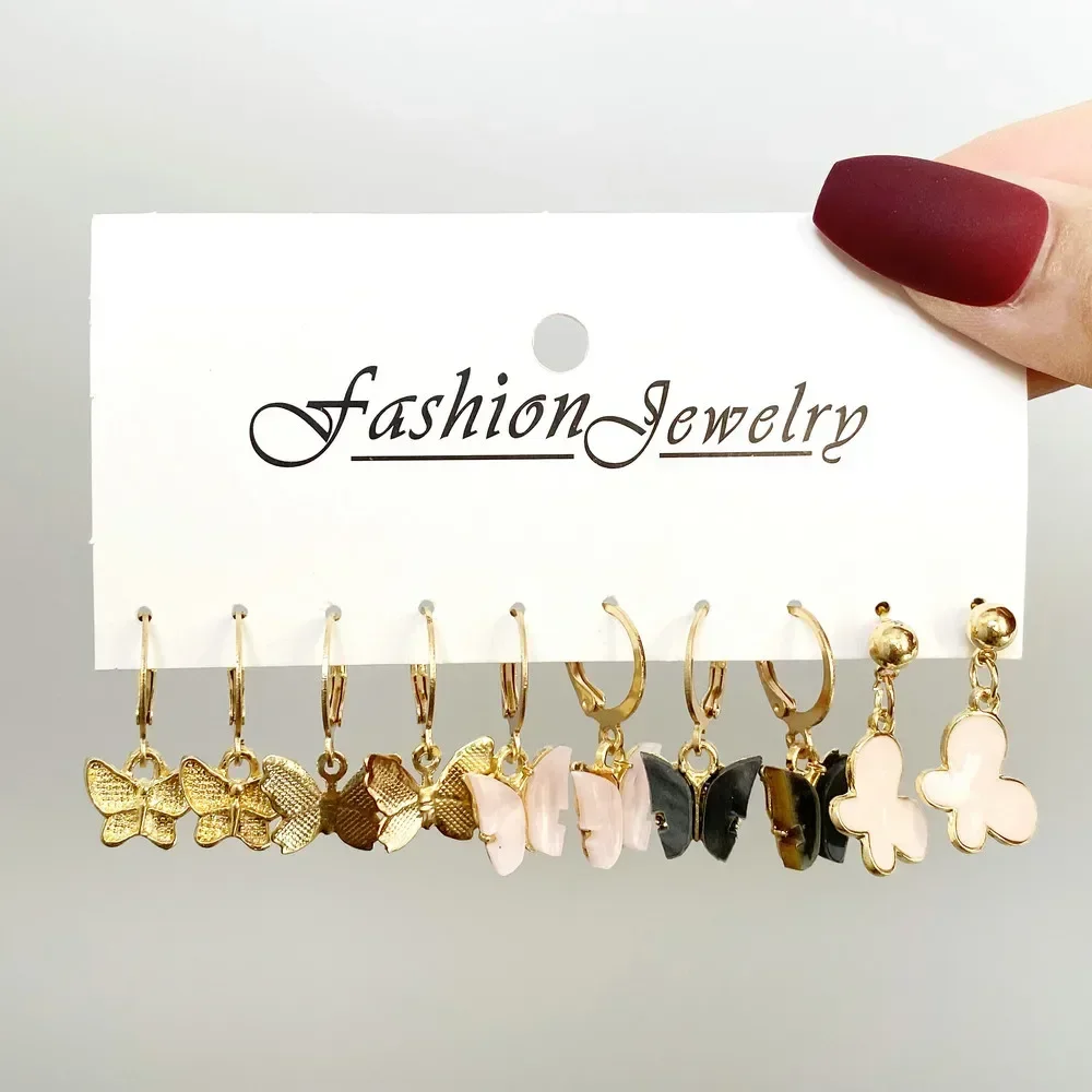 Fashion  Boho Bohemia Colorful Pink Acrylic Butterfly Dangle Earrings Set for Women Alloy Metal Vintage Drop Earring Jewelry