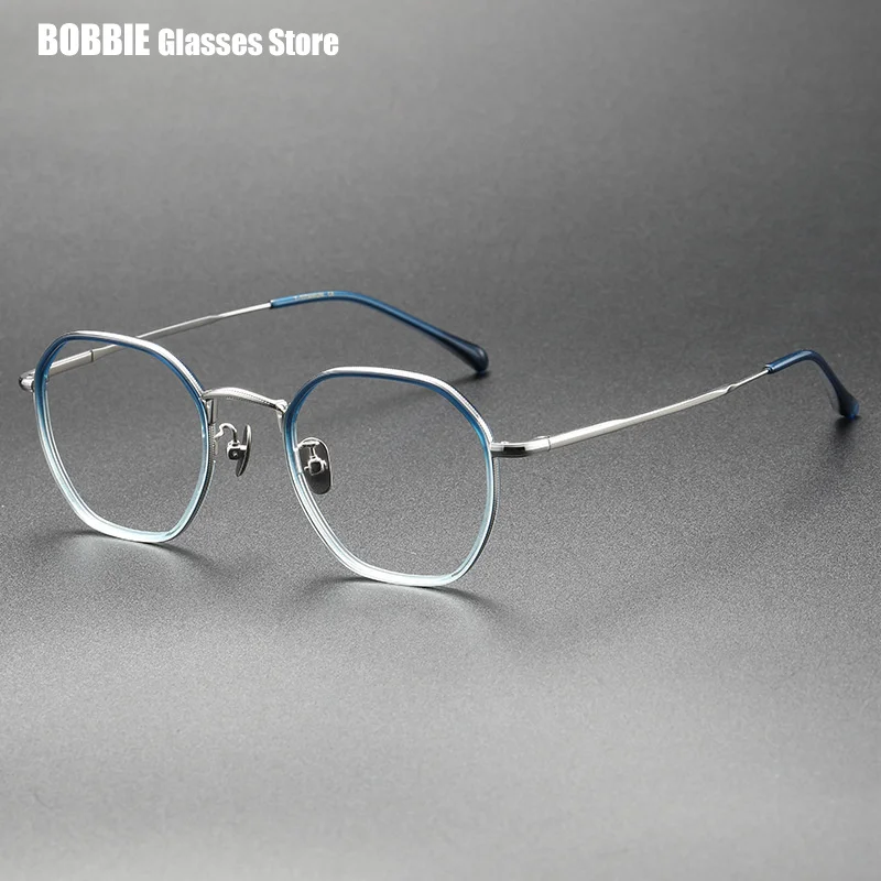 Japanese Handmade Glasses Frame Fashion Polygon Blue Tortoise Titanium Reading Eyeglasses Myopia Prescription Optical Eyewear