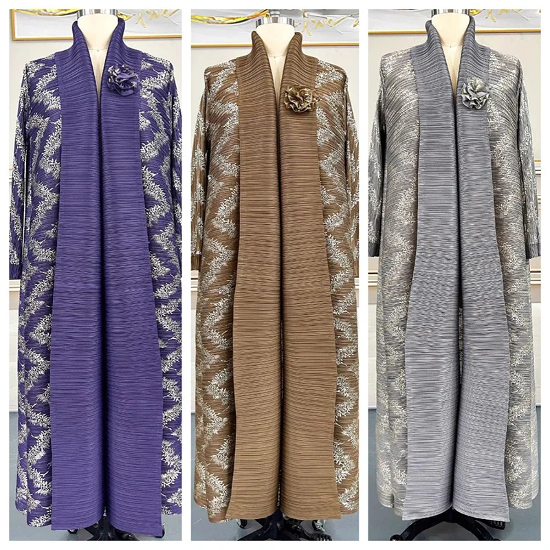 Miyake 2025 Summer New Chic Gold Foil Print Women's Pleated Trench Coat Elegant Loose Cardigan Robe New Casual French Clothing