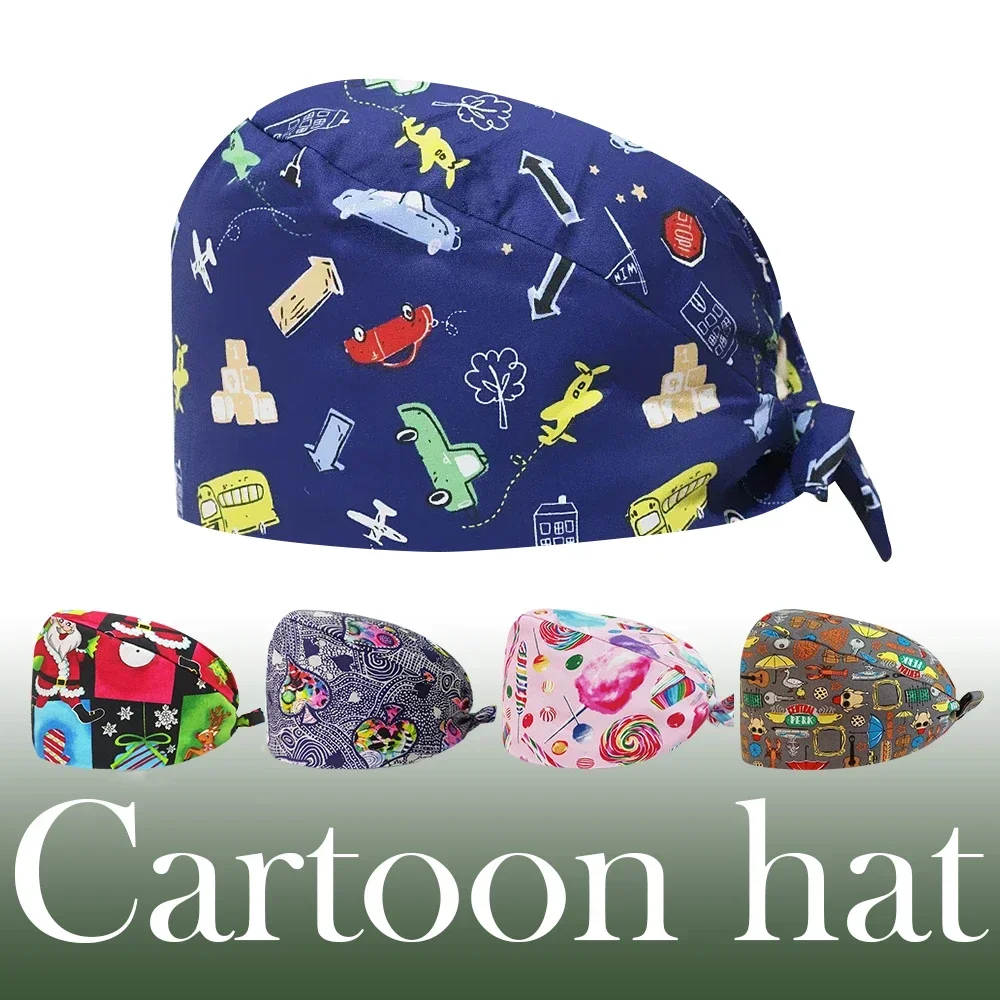 

Cartoon Doctor Operating Room Pattern Printed Nursing Head Cap Lab Scrub Pet Hospital Surgical Hat Unisex Dentist 2024