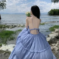 Yeni Yaz Kadın Basit Plaj Elbise Şık Katı Mavi Tatil Strappy Elbise Kore Lolita Rahat Uzun Lüks Zarif Sundress