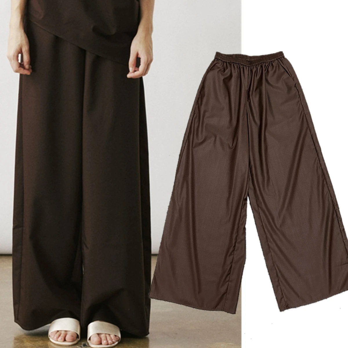 Maxdutti Minimalist French Lazy Coffee Color Elastic Waist Drop Feel Loose Wide Leg Pants Women's High Waist Casual Pants Women