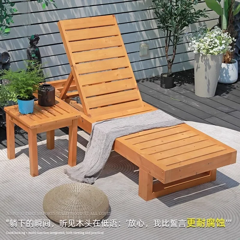 Outdoor beach loungers villa swimming pool chairs patio open-air preservative solid wood folding chairs outdoor rest bed