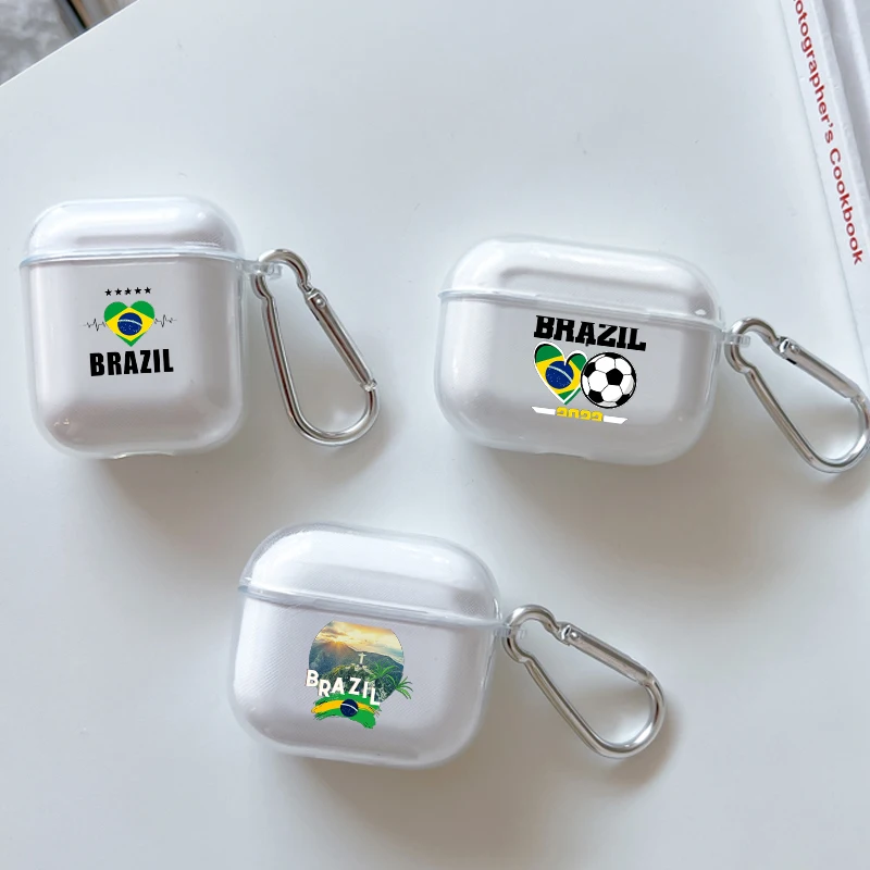 AirPods 1/2ケース,フック付き,ブラジルの国旗,サッカー選手用