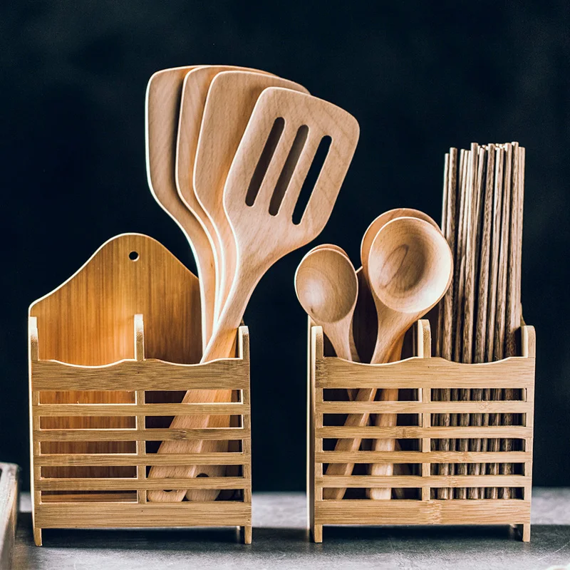 Bamboo Cutlery Storage Rack Chopsticks Cage Cutlery Holder Kitchen Organizer Spoon Chopsticks Flatware Drying Rack Kitchen Tools