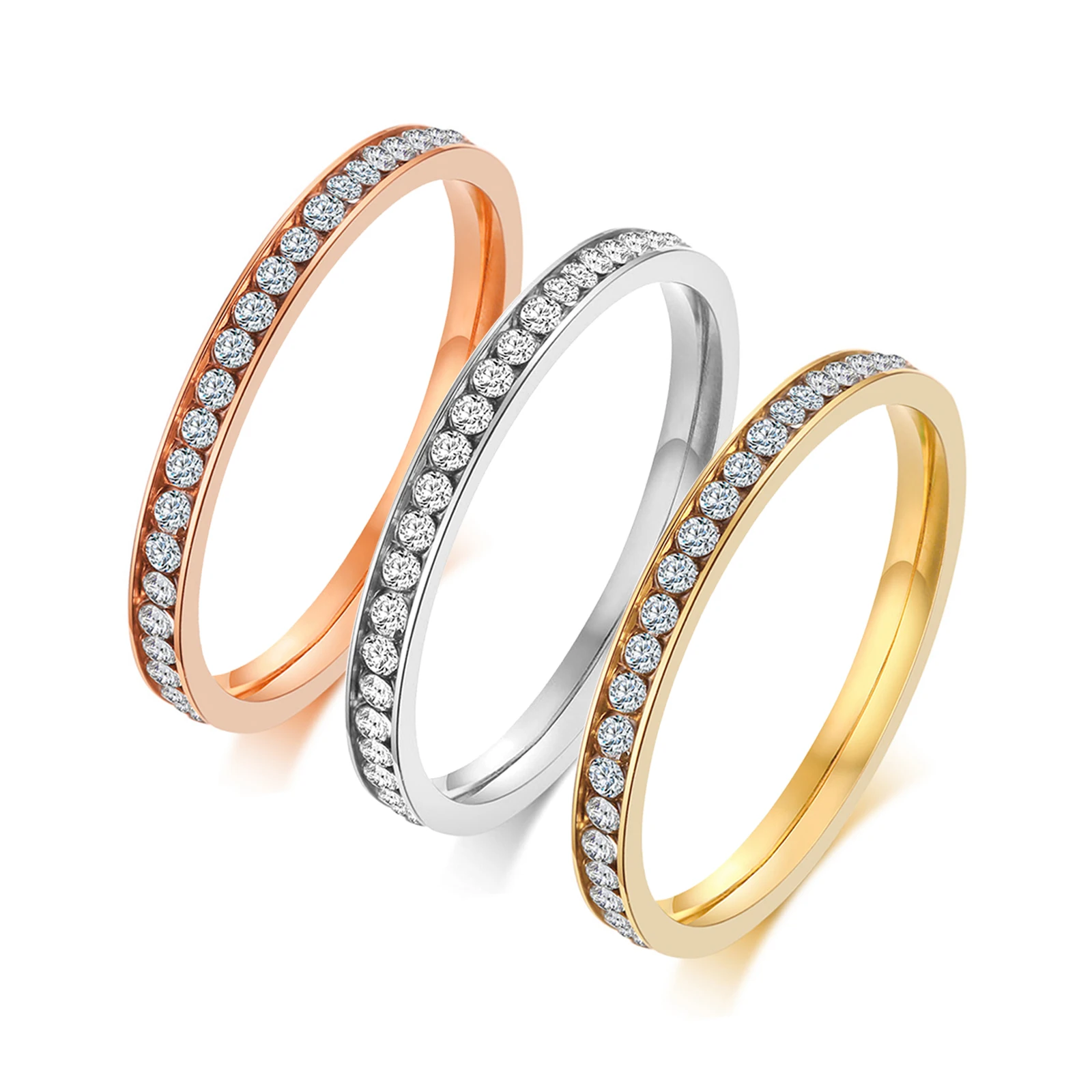 INS 2mm Iced Out Bling CZ Ringe Für Frauen Dame Gold Farbe Edelstahl Shinny Zirkonia Hochzeit Ring elegante Schmuck