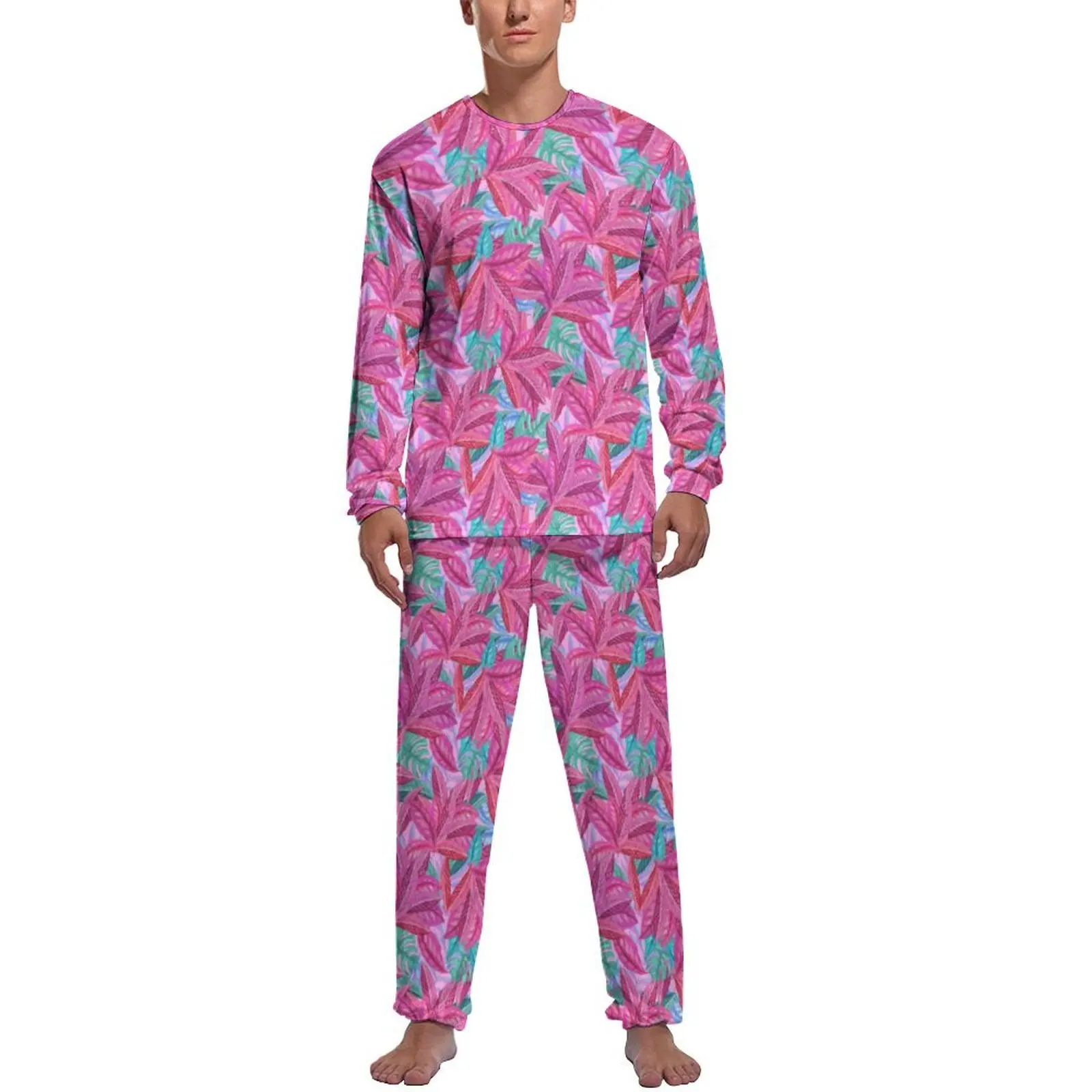 Cute Beach Leaf Pajamas Long-Sleeve Pink Leaves Print 2 Pieces Night Pajama Sets Daily Men Custom Romantic Sleepwear