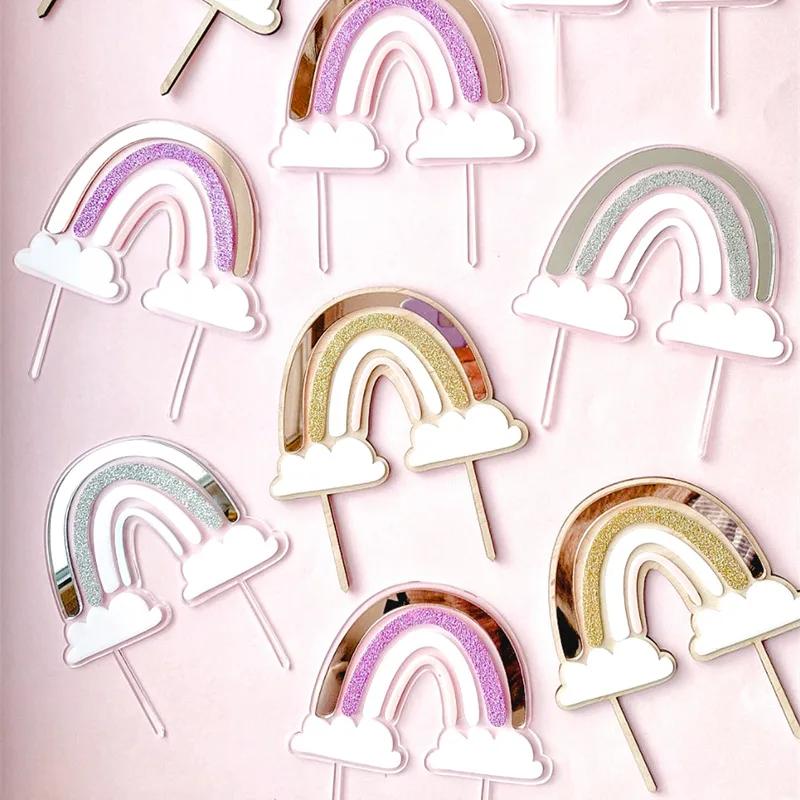 2024 Cloud Rainbow Happy Birthday Cake Topper Gold Acrylic Boys Girls Party Gift Cake Toppers for Baby Shower Dessert Decoration