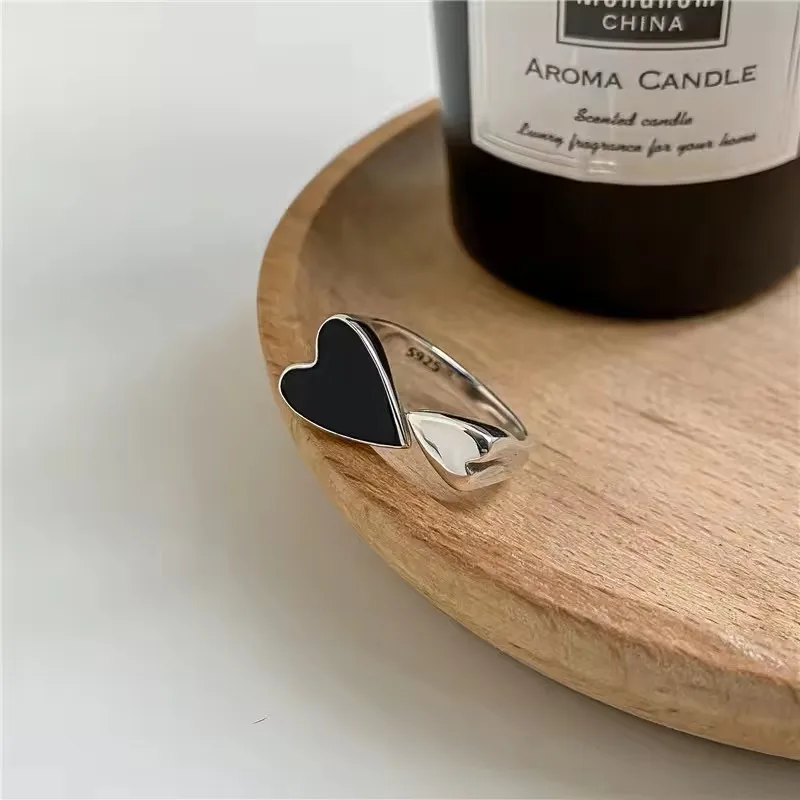 Sam Panda 925 Sterling Silver Unique Ring For Women Jewelry Finger Adjustable Vintage Black Heart Ring For Party Birthday Gift