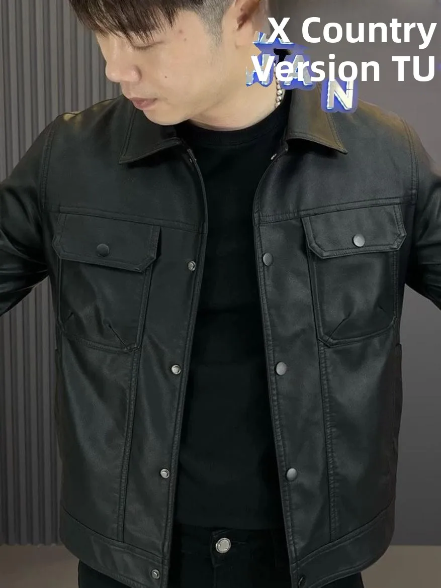 

Мужская кожаная мотоциклетная спортивная верхняя одежда European Sle, новинка 2024, осень-зима, облегающий воротник, однотонный длинный свеч...