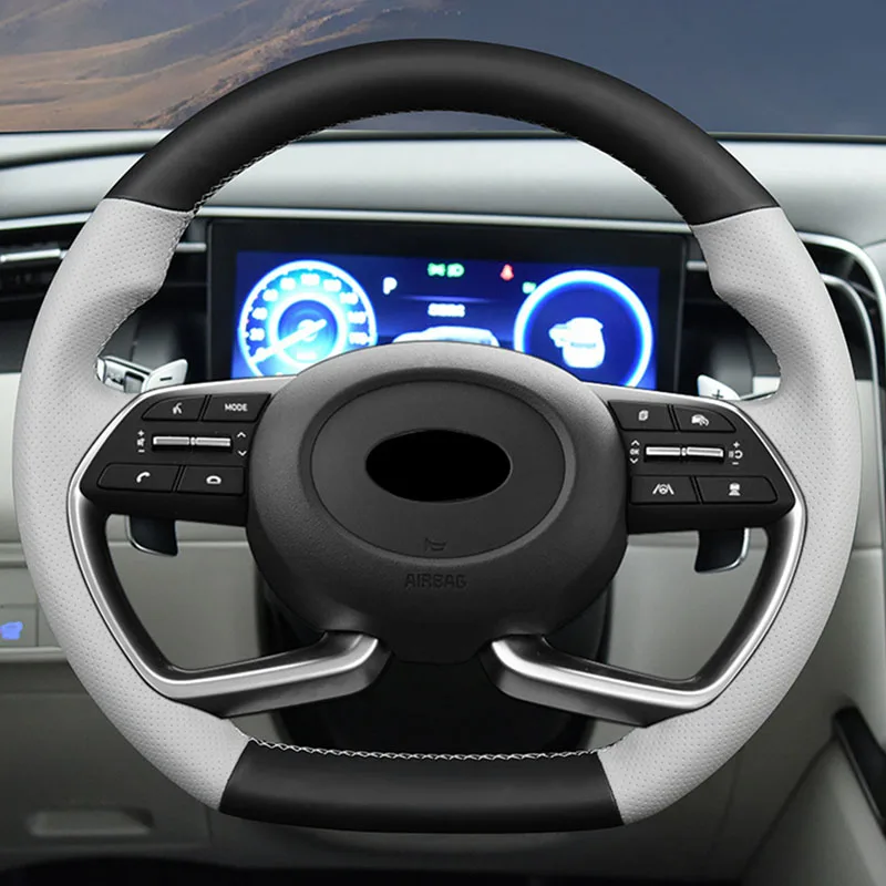 

For Hyundai Tucson 2021 2022 NX4 Elantra 2020 Sonata 2020-2022 Hand-stitched black white genuine Leather Steering Wheel Cover