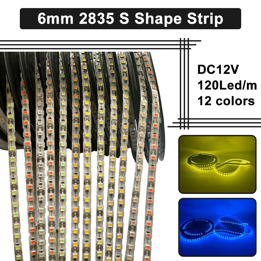 

S Shape 2835 SMD LED Strip 6mm DC12V 0.5m-10m Flexible Foldable String Light DIY Neon Sign Letter 12Color