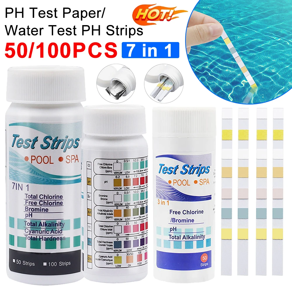 50/100pcs PH Test Paper Swimming Pool 7-in-1 Water Test PH Strips High Precision Multipurpose Chlorine/PH/Bromine Test Pool Tool