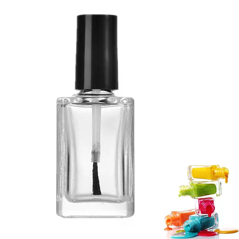 1 Uds. Botellas transparentes de esmalte de uñas de vidrio vacío cuadrado con tapa negra de 15ML con tapa negra y cepillo suave para viajes y hogar