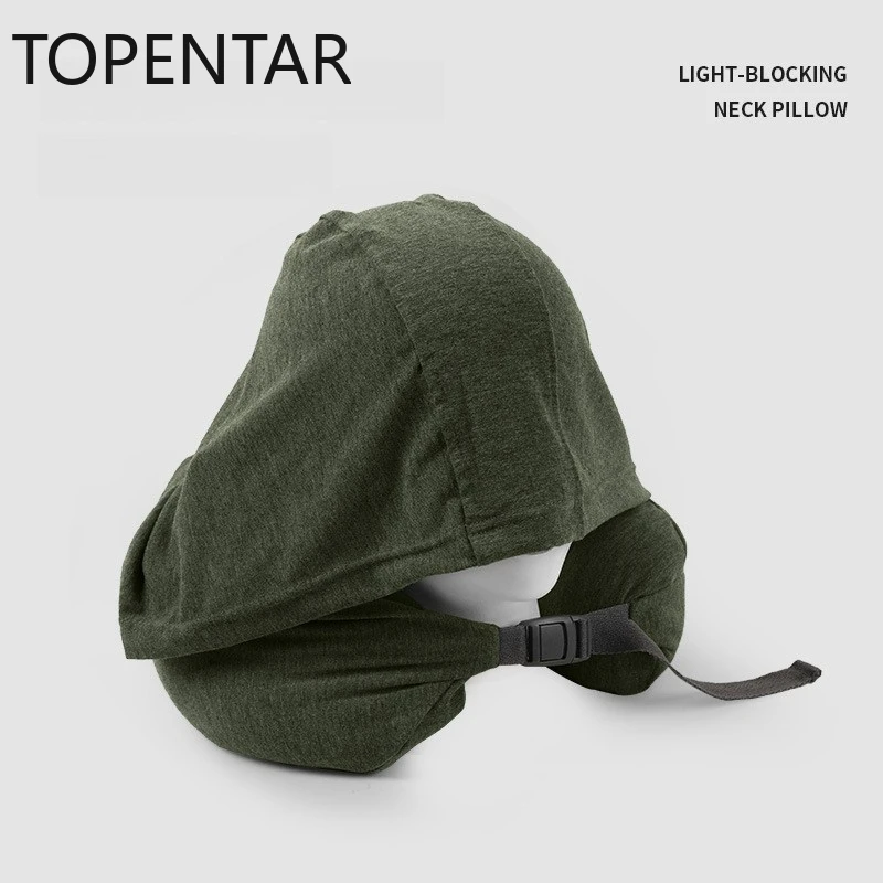 Ergonomic Light-Blocking Hooded Neck Pillow with Particles Filling Breathable Fabric with Adjustable Buckle Travel Neck Pillow