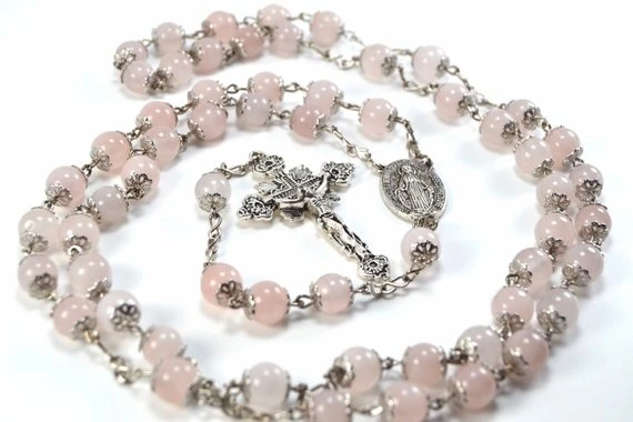 Heirloom Pink Rose Quartz & Silver Catholic Rosary