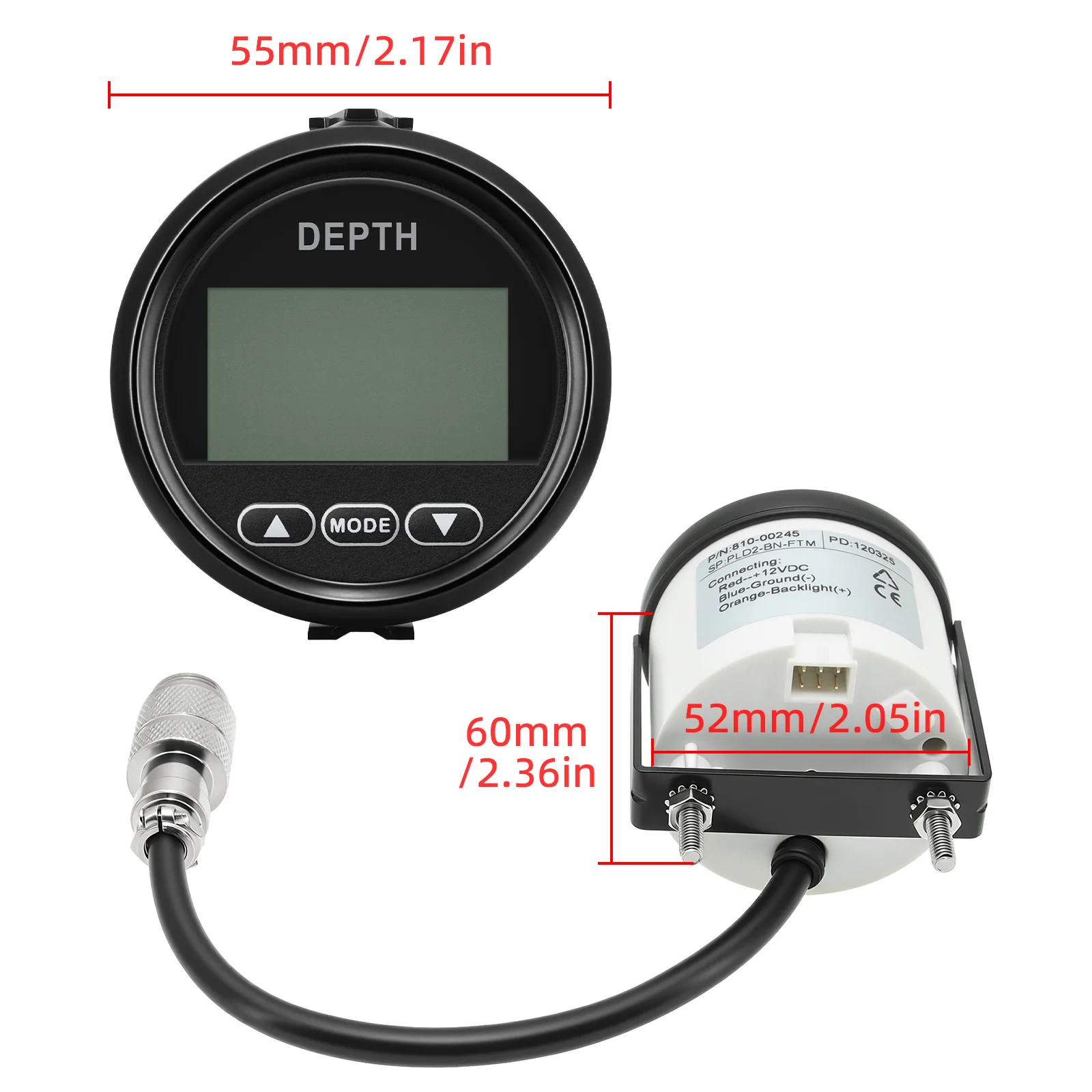 ZMFJH Marine 52mm Digital Depth Gauge Indicator with Transducer