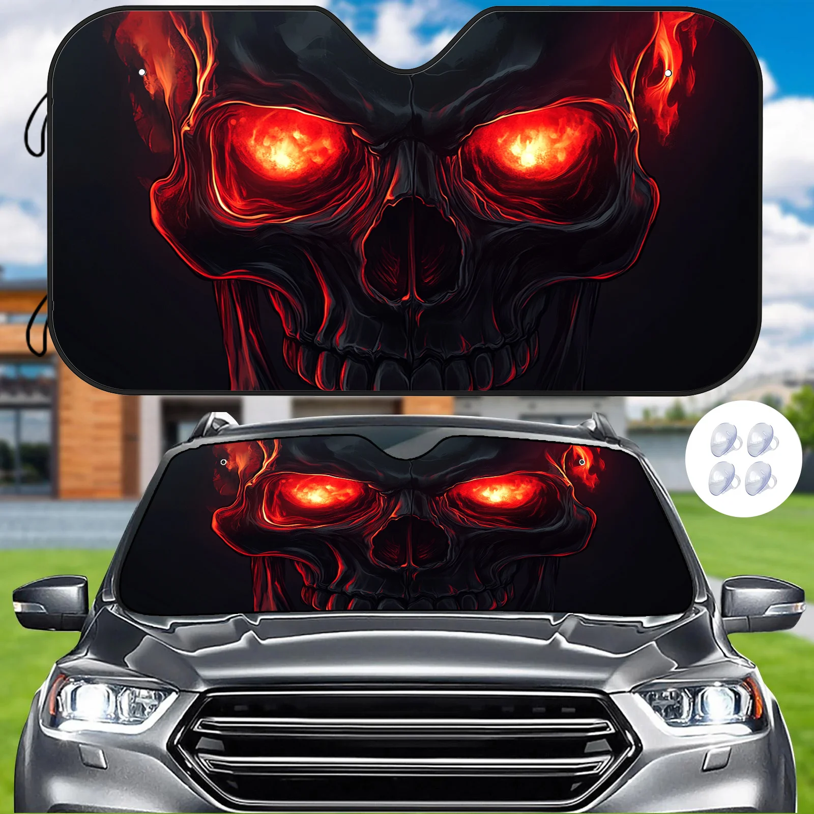 

Автомобильный солнцезащитный козырек с жестоким красно-орым черепом, теплоизоляция и износостойкий, стабилизация внутренней температуры с установкой