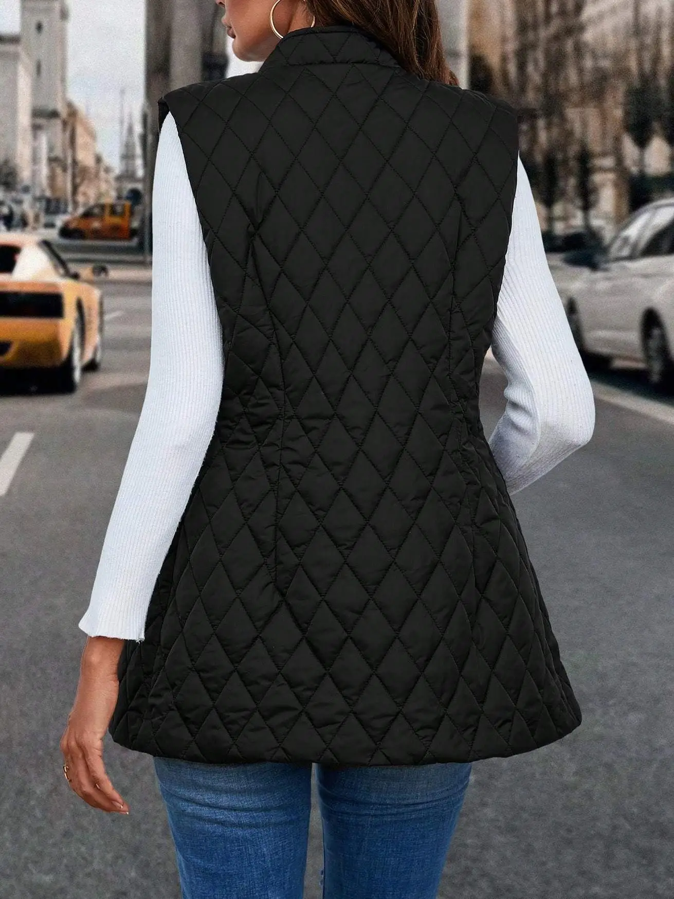 Black Versatile Cotton Vest Slimming Waist Diamond Stitch Medium-Length Sleeveless Jacket Outerwear for Women