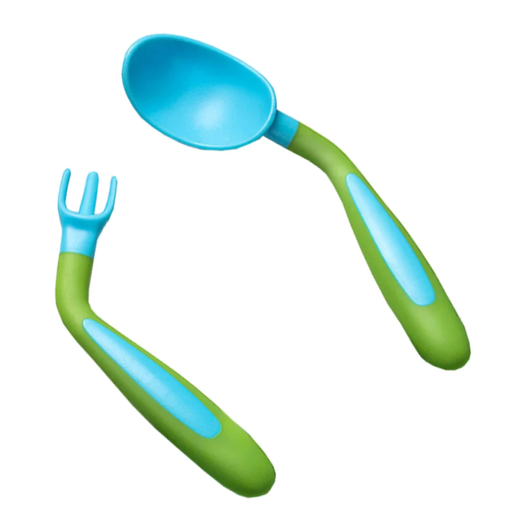 

Набор детских столовых приборов (ложка и вилка) 360 ° Гибкий материал из полипропилена и термопластичного эластомера, легкий, термостойкий, для детской посуды, синий