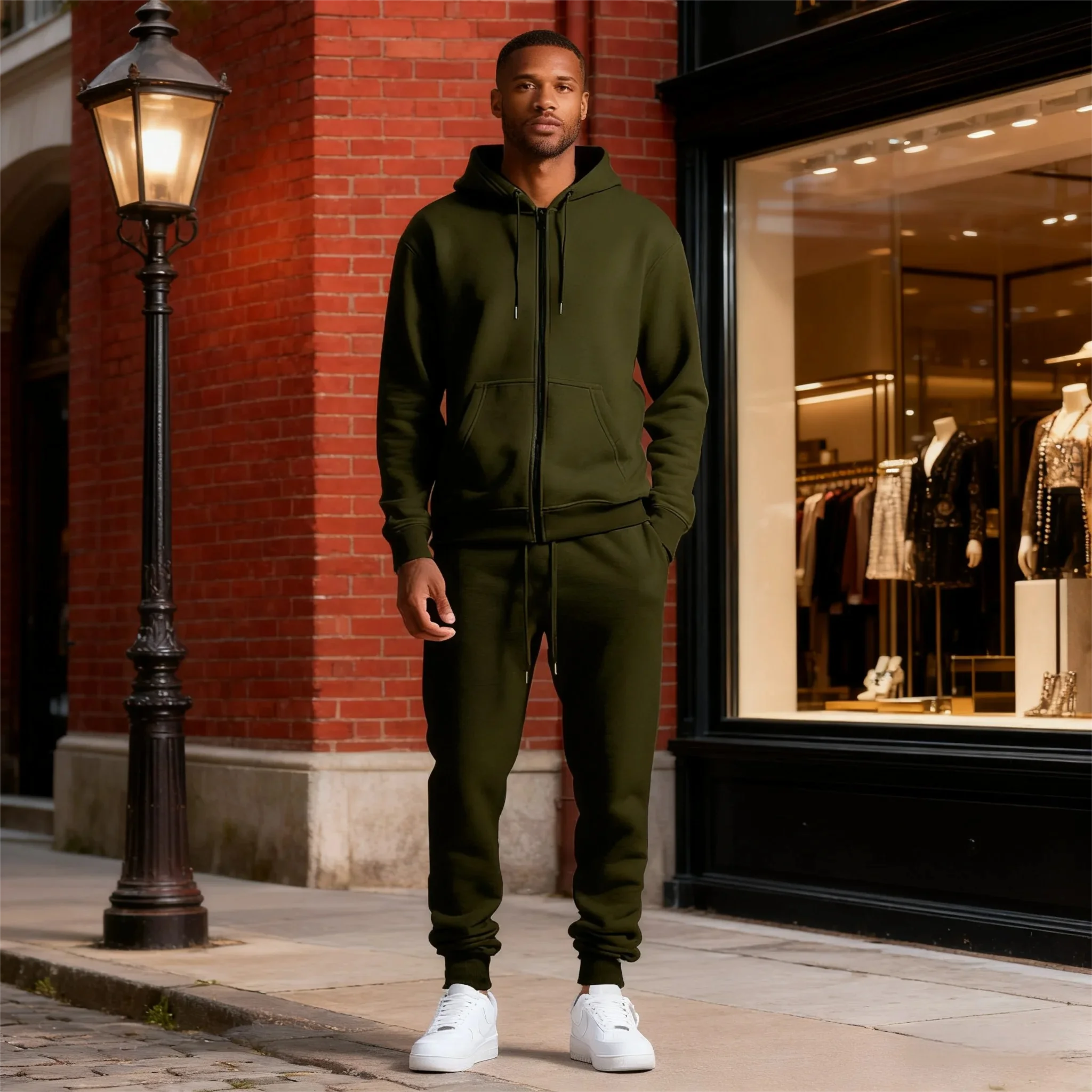 

Мужской однотонный флисовый спортивный костюм — теплая толстовка с длинными рукавами и подходящими брюками для бега для удобной повседневной одежды