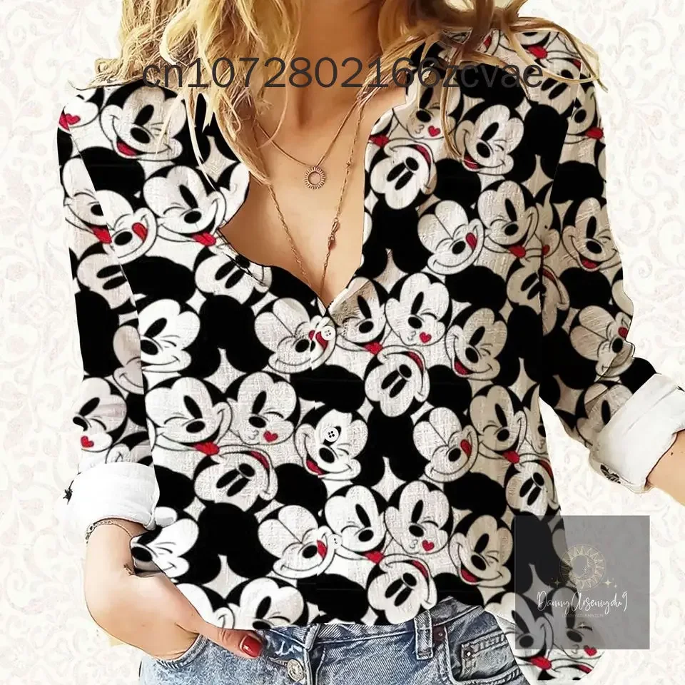 2024 New Disney Mickey Mouse Women\'s Long sleeved Polo Neck Shirt Mickey Minnie Casual Cute Y2K Shirt Street Fashion Top