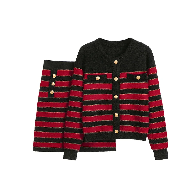 Women's small fragrant red and black striped knitted 2 pieces set, cardigan sweater jacket+high waisted A-line skirt casual set