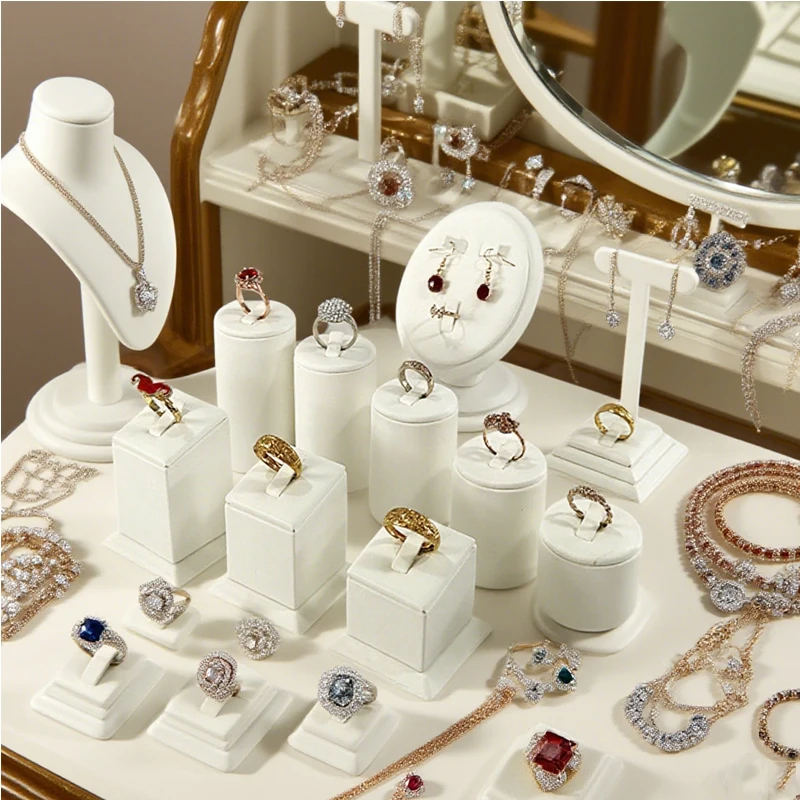 

White Brushed PU Leather Jewelry Display Stand for Rings Earrings Necklaces,for Store Window Counter Storage & Exhibition Show