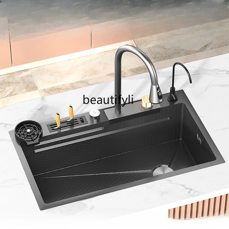 

Waterfall Sink Embossed Honeycomb Kitchen Stainless Steel Large Single Sink Household Washing Vegetables Basin Sink