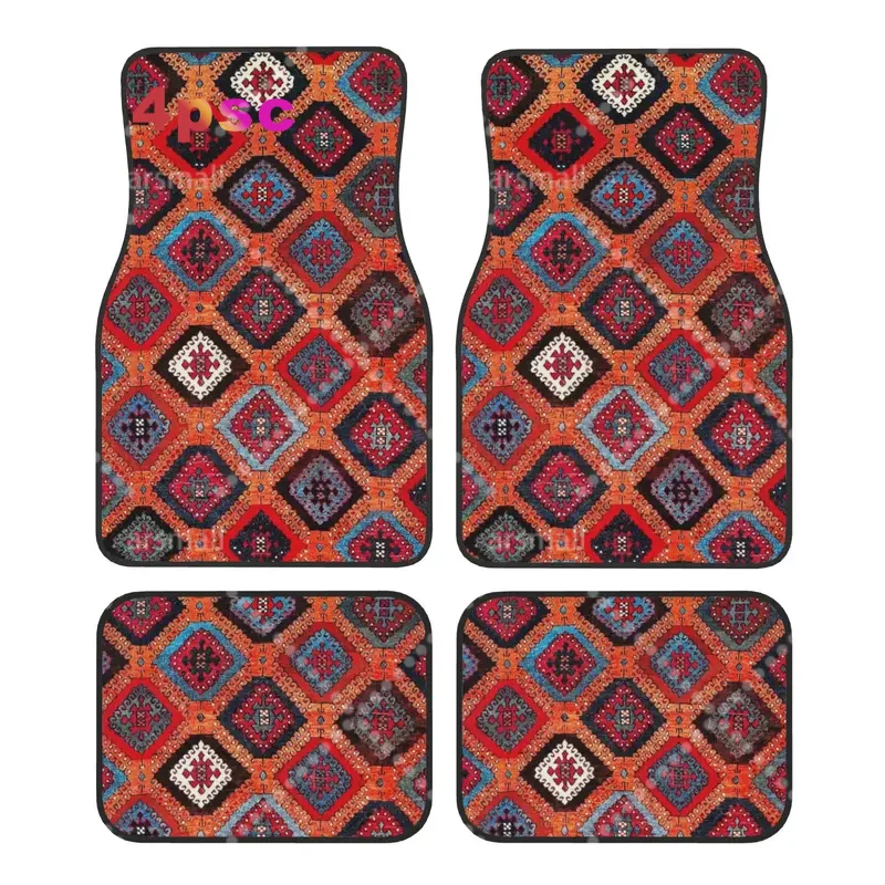 4PCS Crystal Velvet Car Floor Mats Sarkisla Sivas Turkish Kilim Ethnic Geometric Diamond Universal Auto Front And Rear Foot Mats