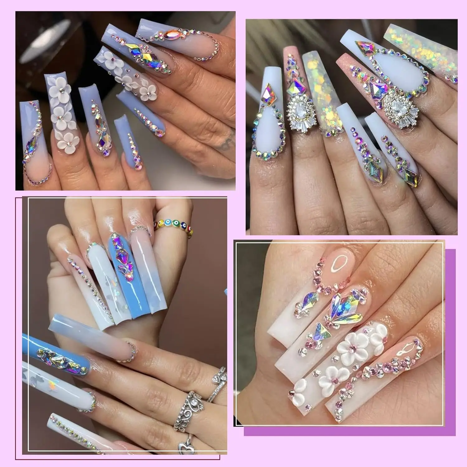 Clear Glass pink  Glass Crystal Nail Art Gems 12grids Flatback  Mixed Nail Art Rhinestone Non-Hotfix Diamond Nail Deco