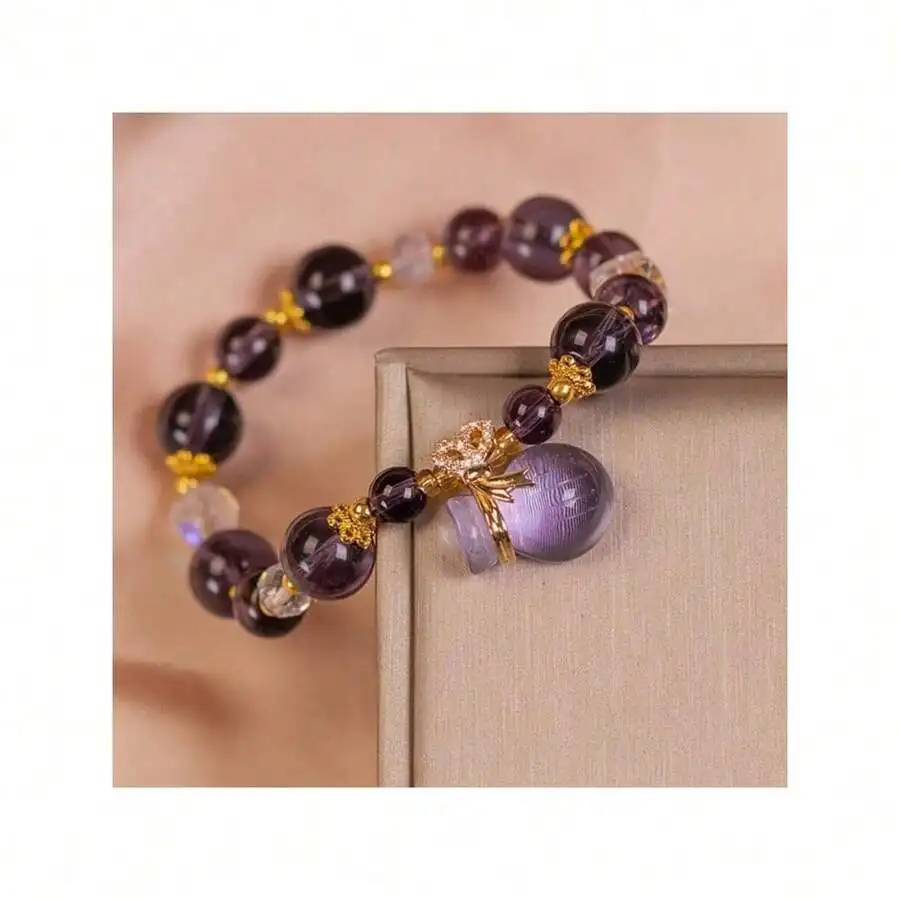Amethyst Bead Bracelet With Pendant Bohemian Style Women Jewelry Purple Crystal Accessory