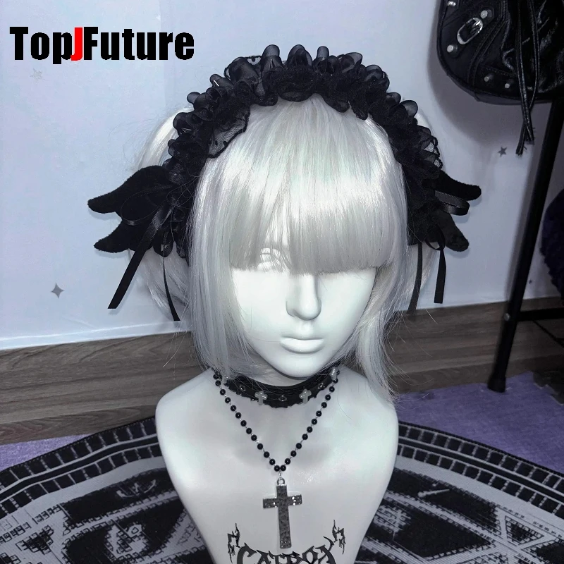 Y2K GIRL Harajuku Halloween cosplay Gothic punk handmade Lolita lace pleated willow nail angel wing headband Hair accessories