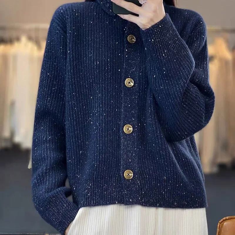 

Autumn Winter Vintage Loose O-neck Sweaters Warm Commute Knitted Cardigan Women Fashion Simple Solid Soft Wool Tops