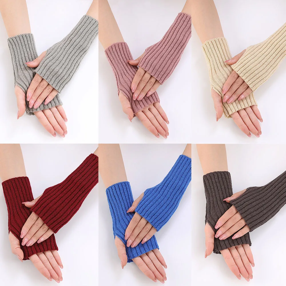 Women Half Finger Gloves Winter Knitted Arm Sleeves Fingerless Mittens Solid Color Soft Gloves Students Touch Screen Gloves