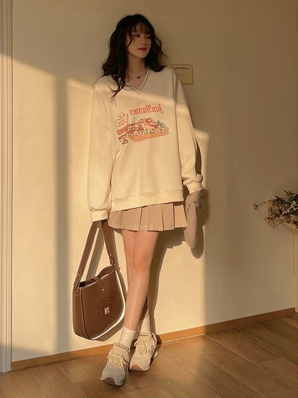 

plus Size V-Ne Sweatirt Women's Retro Letter Print Loose Slimming Design Casual Top Comfortable Long Sve Spring Faion