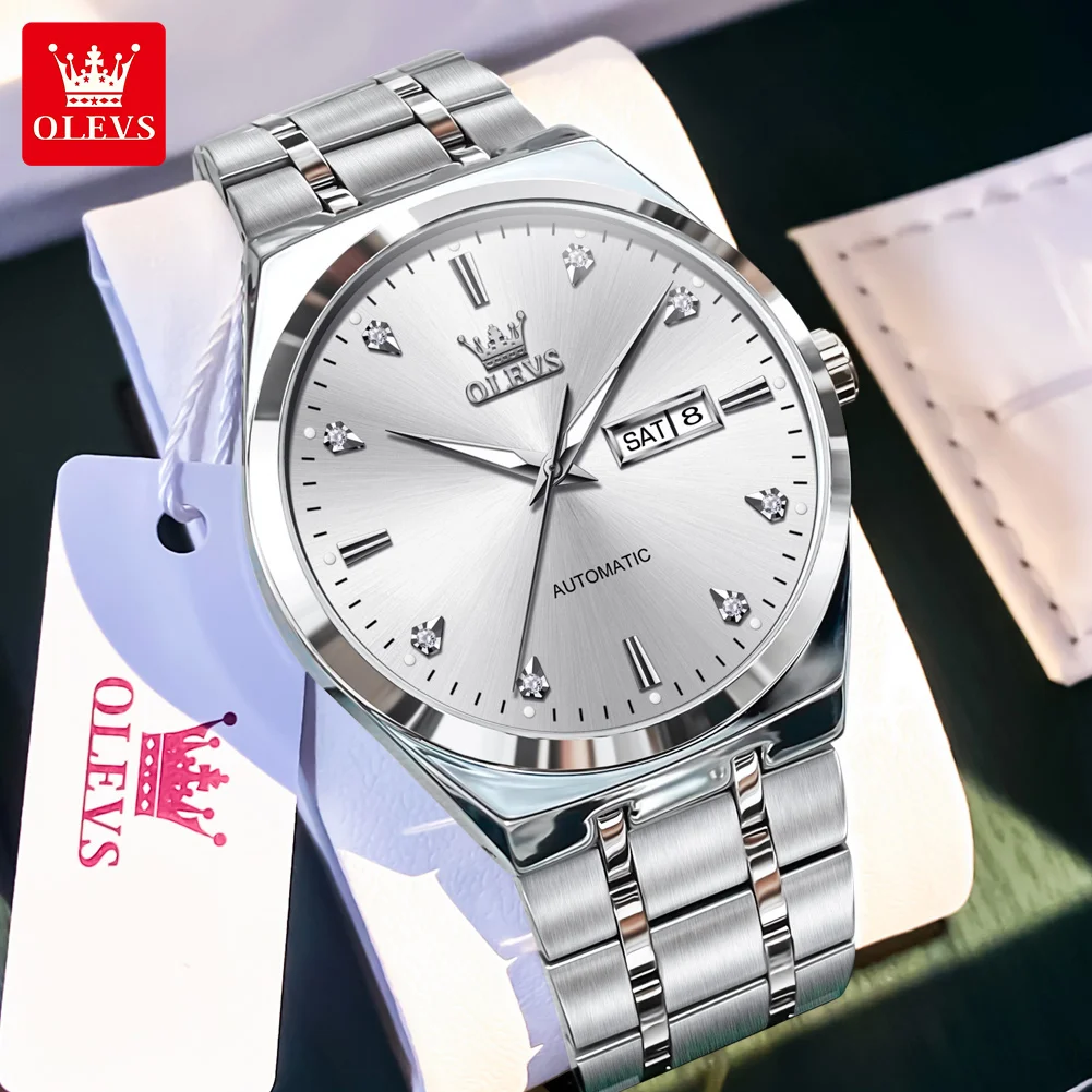 

OLEVS 9811, мужские механические часы из нержавеющей стали, водонепроницаемые, светящиеся, с двойным календарем, простые, роскошные брендовые автоматические мужские часы