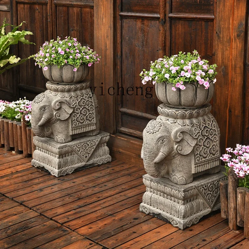 BJ-21 outdoor pier ornament courtyard garden arrangement decorative landscaping elephant solid wood flower stand flower pot base
