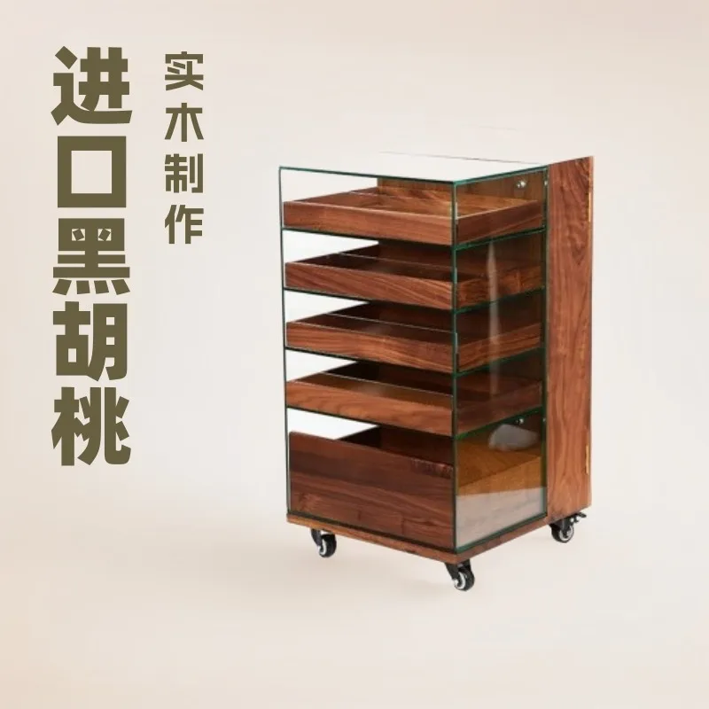 Black walnut tea set storage glass display cabinet solid wood table side cabinet