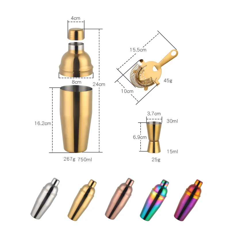 1-5PCS Stainless Steel Rainbow Boston Cocktail Set 750ml Cocktail Shaker Set with Strainer Measure Cup Bartender Kit Bar Tool