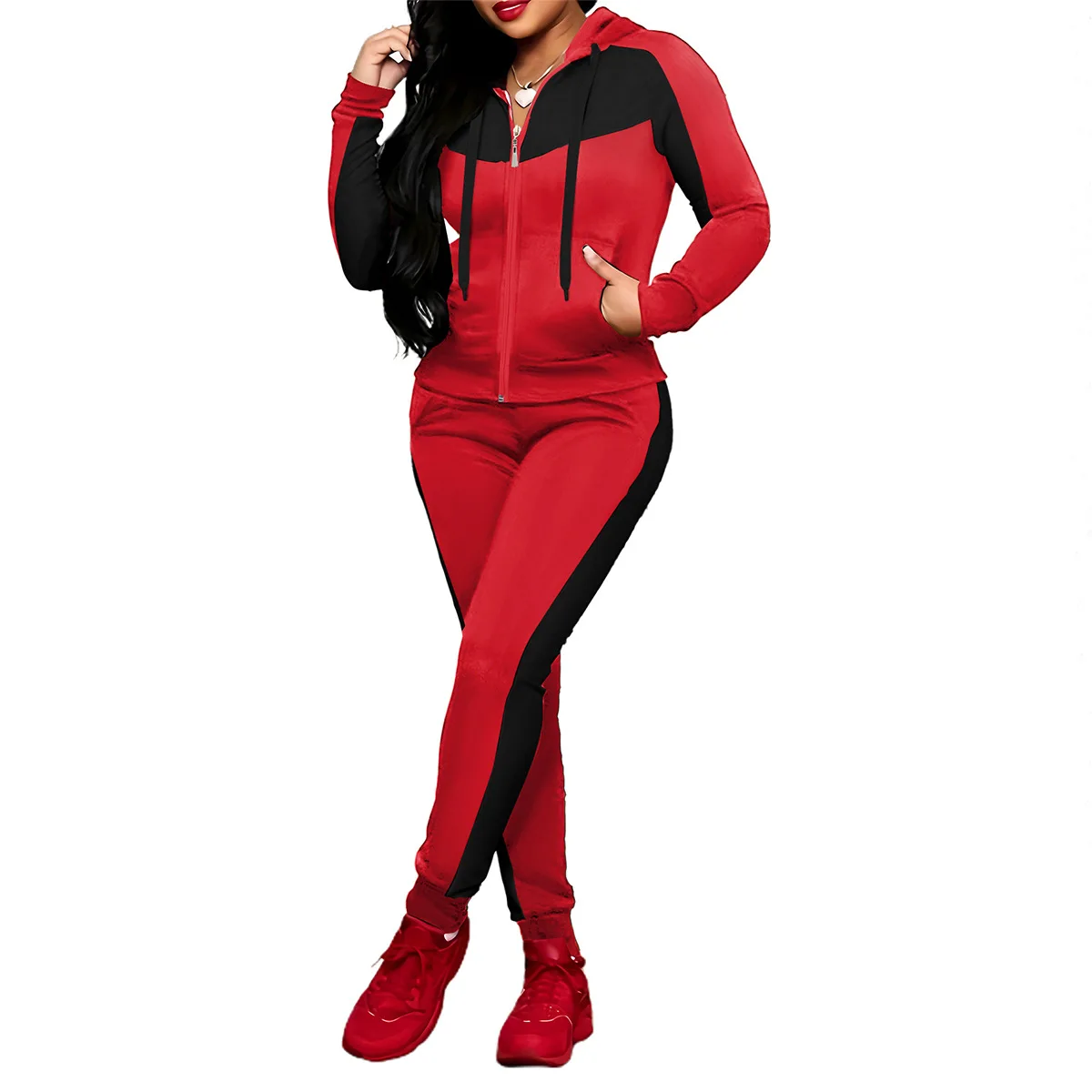 Color Block Sports Suit Hooded Long-sleeved Autumn Warm Sweatshirt Pants Conjunto Dos Piezas Mujer Outfits For Women 2 Piece Set