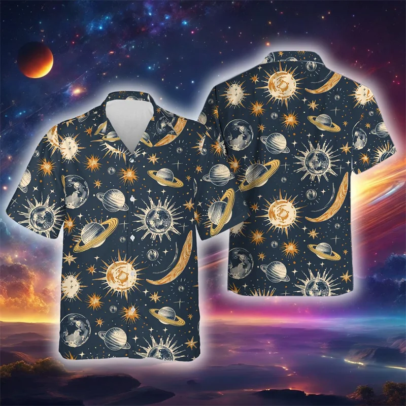 

Abstract Stars Moon Graphic Aloha Shirt Men Women Space Planet 3D Printed Blouse Harajuku Short Sleeve Lapel Hawaiian Shirts