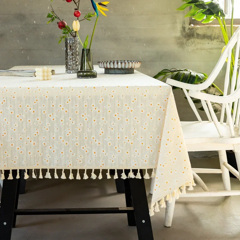 

Cotton Linen Daisy with Tassel Lace Rectangular Table Cloth Kitchen Table Map Towel Tablecloth for CoffeeTable Wedding Decor