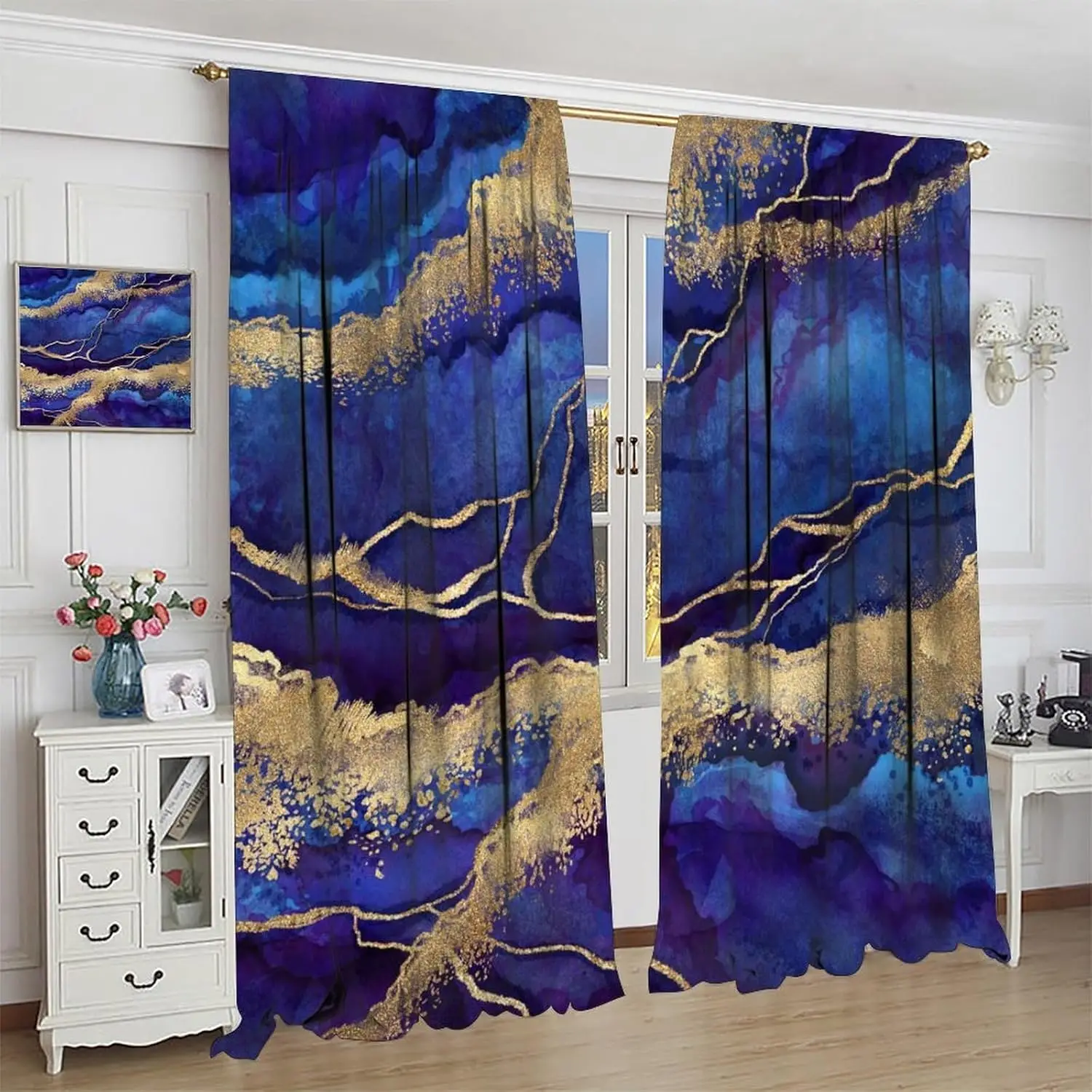 Marble Curtains,Abstract Marble Gold Glitter Purple Blue Stone Pattern Drapes Window 2 Panel Rod Pocket Curtain for Bedroom