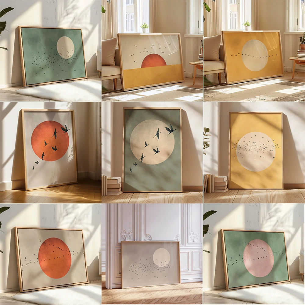 Vert sauge jaune troupeau d'oiseaux Japandi Art impression brûlé Orange oiseaux volants Art mural abstrait soleil Art salon chambre décor