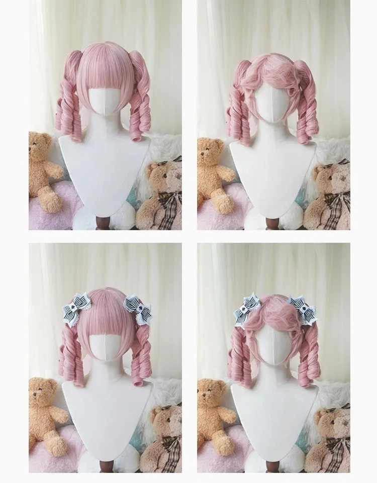 Parrucca sintetica a rotolo romano bianco/rosa Parrucca Bobo femminile elegante retrò Lolita con frangia dritta con parrucca da festa con fermaglio per capelli tigre a rotolo romano