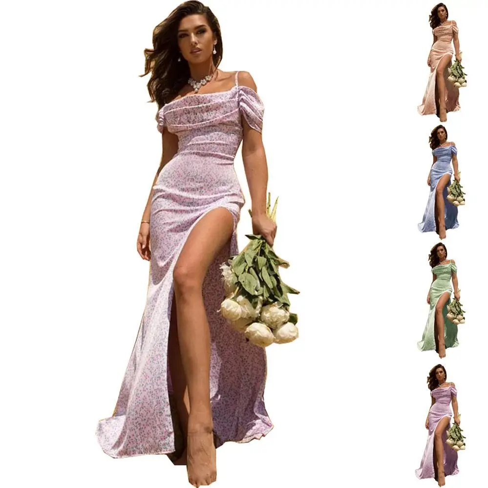 Dress Women Summer 2022 New Europe Small Broken Flower Sexy Condole off-the-shoulder Vented Dresses Casual Vestidos OLNAL8328