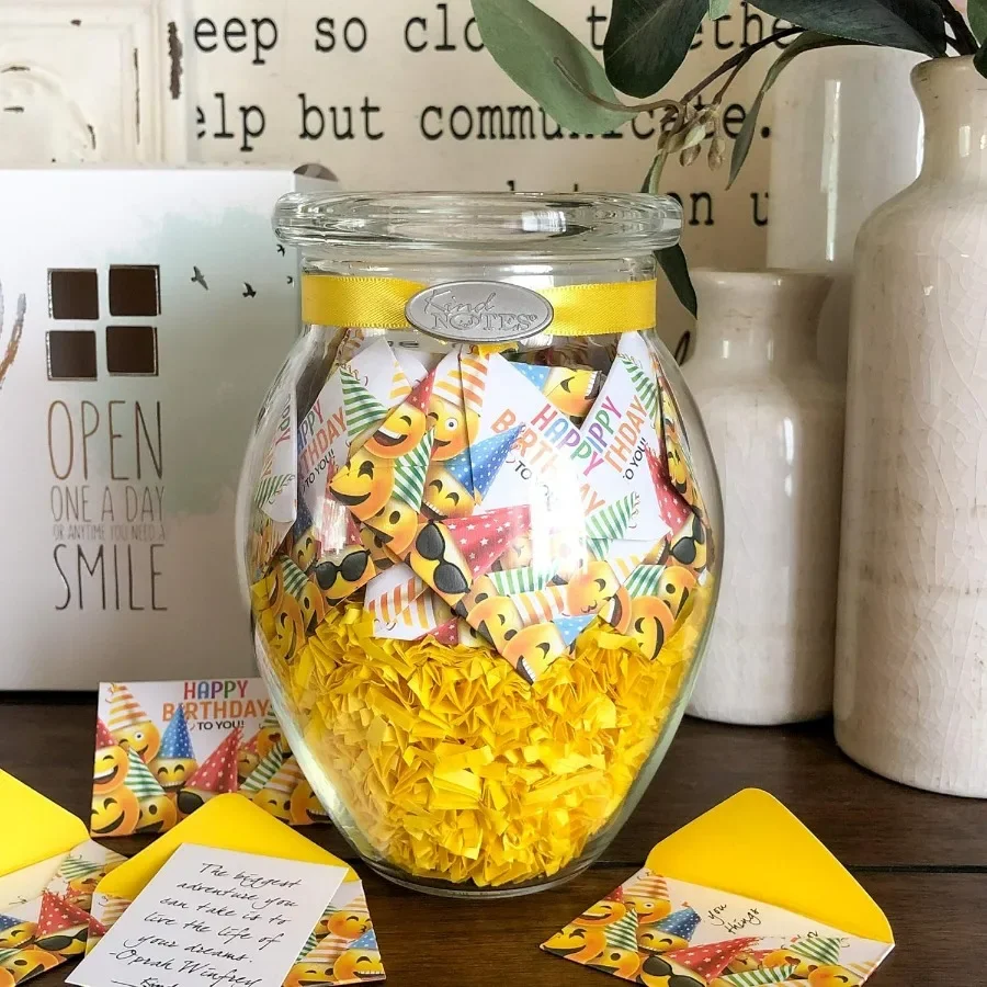 

Glass Keepsake Gift Jar with Blank Papers for Writing Your Own Messages Perfect for Birthday Celebrations Featuring Fun Emoji D