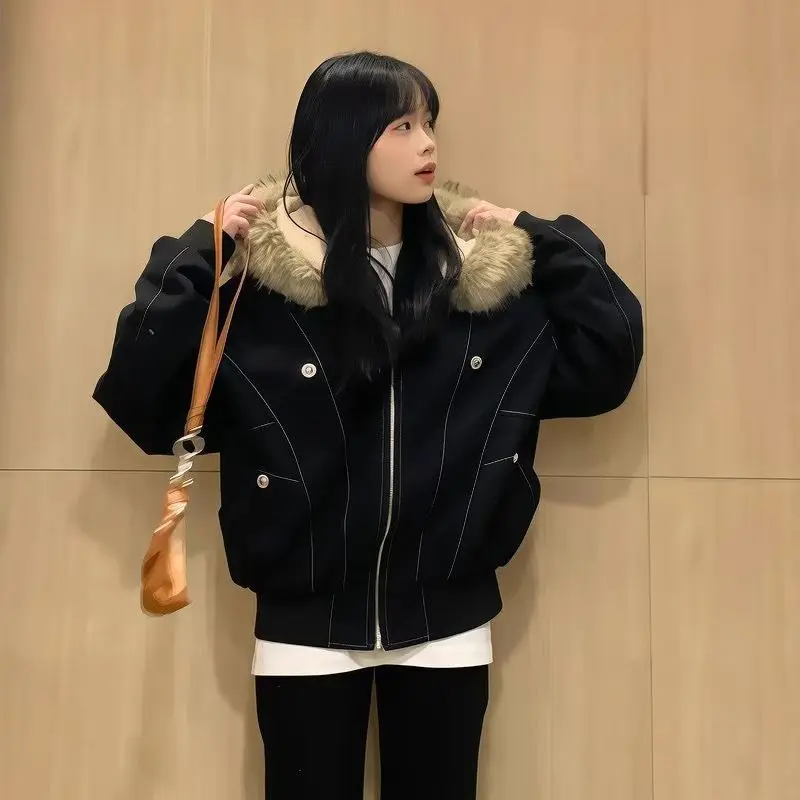 American Fashion Cotton Jacket for Women 2025 Winter New Style American Retro Loose Big Hairy Collar Coat Female Clothing